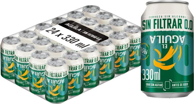 Imagen de la oferta: El Aguila Sin Filtrar 00 Cerveza Lager Especial Sin Alcohol Pack Lata, 24 x 33cl