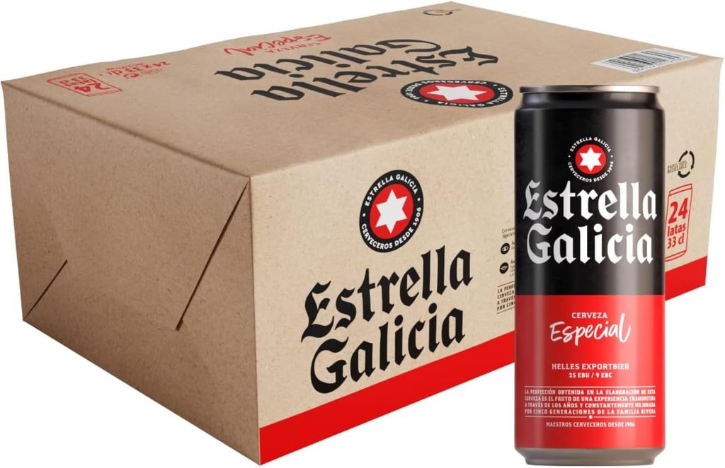 Imagen de: Estrella Galicia Especial - Cerveza Lager Especial, Pack de 24 Latas x 33 cl, Sabor Ligero y Amargo, Aroma a Lúpulo, 5,5% Volumen de Alcohol