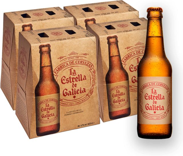 Imagen de la oferta: Estrella Galicia- La Estrella de Galicia - Cerveza Lager Premium, Pack de 24 Botellines de 33 cl, Sabor Dulce y Amargo, Muy Equilibrada, 4,7% Volumen de Alcohol