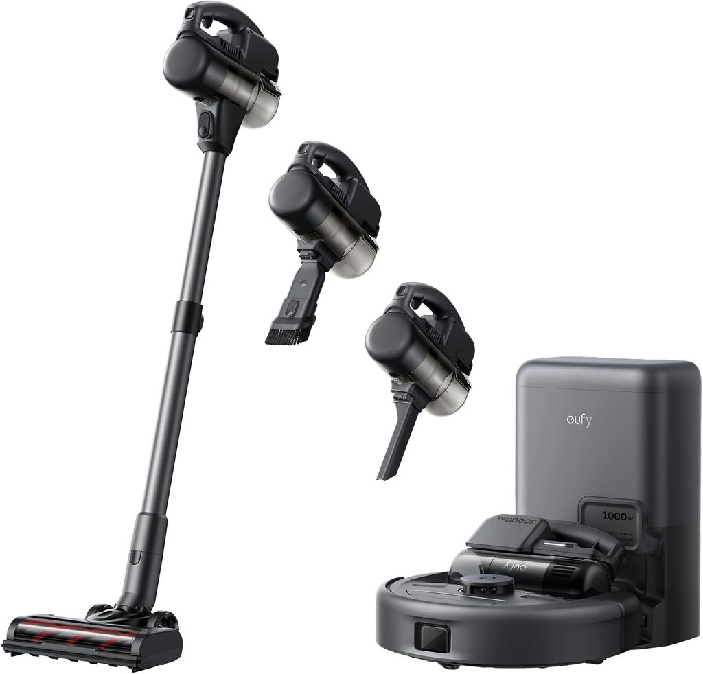 Imagen de: eufy E20 3 en 1 Robot Aspirador, autovaciado versátil, 30,000 Pa MAX., Sistema de filtración de 5 etapas, Carga rápida, Evita obstáculos, Pro-Detangle Comb, para alfombras, hendiduras y escaleras