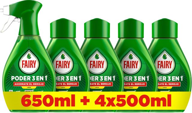 Imagen de la oferta: Fairy Pack Poder Sin Remojo Limón Spray 650ml + 4 Recambios 500ml, Antigrasa y Limpieza Rápida para Vajilla y Cocina