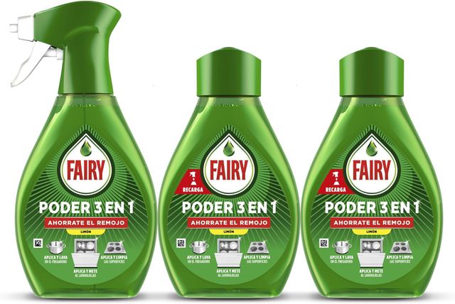 Imagen de la oferta: Fairy Poder Sin Remojo Limón Spray, Pre-Tratamiento Para Vajilla Y Cocina, Eficaz Con El 100% De La Grasa, Spray Desengrasante, Limpieza Rápida Y Sin Esfuerzo, 500ml + 2 x Recambio (2 x 500ml)