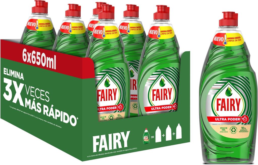 Imagen de: Fairy Ultra Poder Original Líquido Lavavajillas 6x650ML Fórmula Efectiva Que Deja Los Platos Relucientes, Impresionante Poder Antigrasa