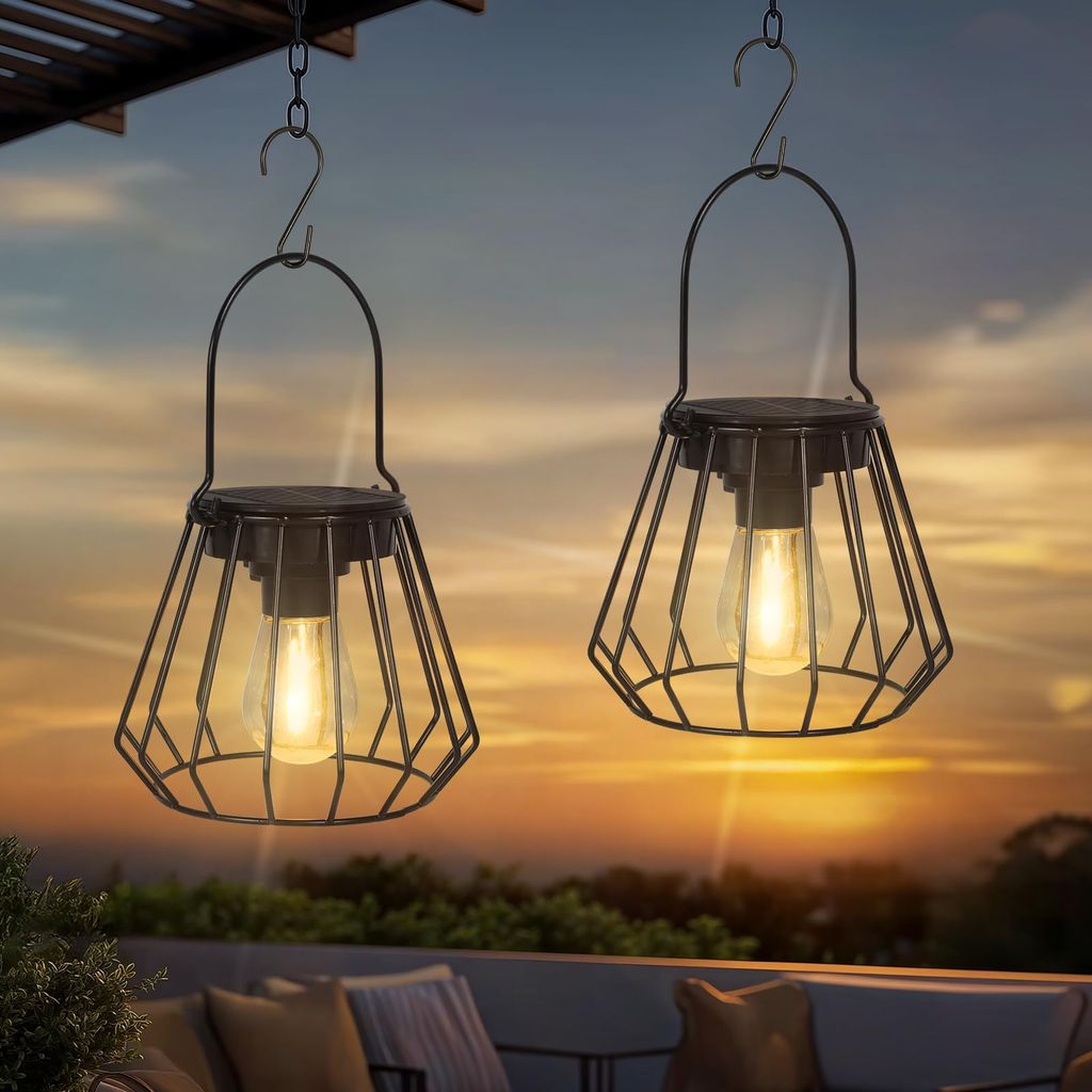 Imagen de: 2 Piezas Farolillos Solares Exterior, IP65 Impermeable Faroles Solares, Metal Lampara Solar Jiardin, Colgante/De Pie, para Decoración Terraza, Patio, Balcón, Camping, Cónico