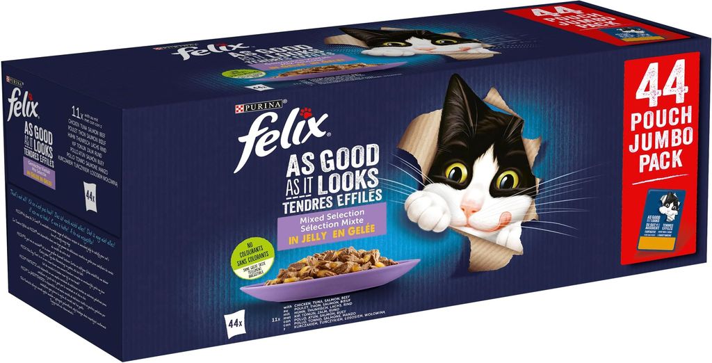 Imagen de: FELIX Fantastic, Comida Húmeda para Gato Adulto, Gelatina, Surtido de Buey, Pollo, Salmón y Atún, Pack de 44 Sobres de 85 g