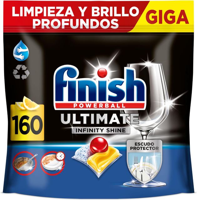 Imagen de la oferta: Finish Powerball Ultimate Infinity Shine, pastillas para el lavavajillas con poder quitagrasas y protección del cristal, aroma limón, 2 packs de 80, total 160 Pastillas