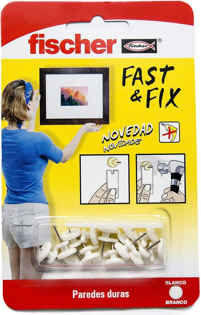 Imagen de: fischer - Colgador Cuadros Básico Fast & Fix | Fija Cuadros sin Agujeros | Hasta 8 Kg de Carga | Reutilizable | Ideal para Hormigón, Yeso y Ladrillo | Montaje con Martillo | 12 uds | Blanco