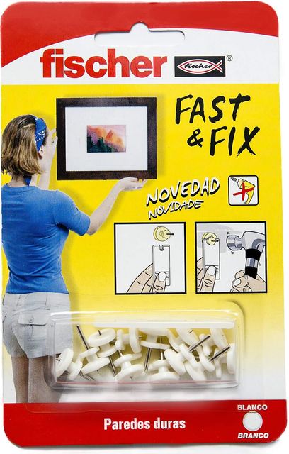 Imagen de la oferta: fischer - Colgador Cuadros Básico Fast & Fix | Fija Cuadros sin Agujeros | Hasta 8 Kg de Carga | Reutilizable | Ideal para Hormigón, Yeso y Ladrillo | Montaje con Martillo | 12 uds | Blanco