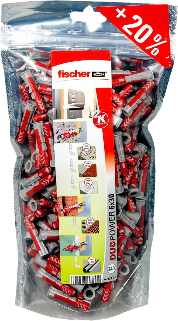 Imagen de: fischer - Tacos DUOPOWER Bigpack 6x30 mm | Tacos Universales Bicolor para Aire Acondicionado, Pared y Hormigón | Tacos para Tabique y Hueco | Grigio-Rosso | Rendimiento Superior | 240 uds