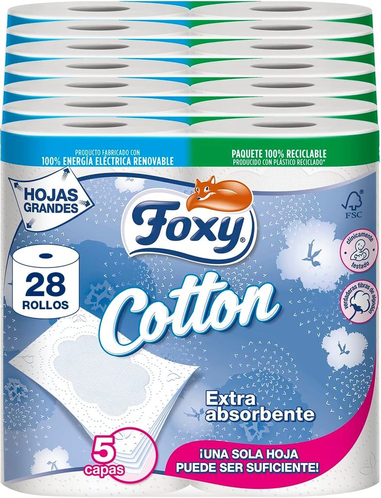 Imagen de: Foxy Cotton Papel higiénico, 28 rollos, 5 capas con verdaderas fibars de algodón, Certificación FSC, Paquete reciclable producido con plástico reciclado