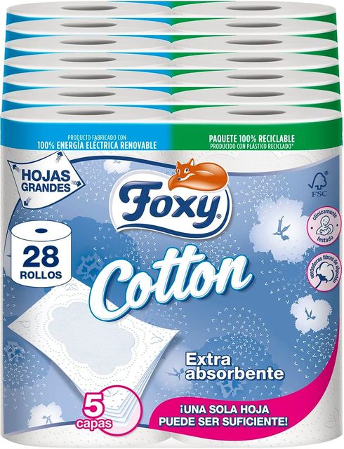 Imagen de la oferta: Foxy Cotton Papel higiénico, 28 rollos, 5 capas con verdaderas fibars de algodón, Certificación FSC, Paquete reciclable producido con plástico reciclado