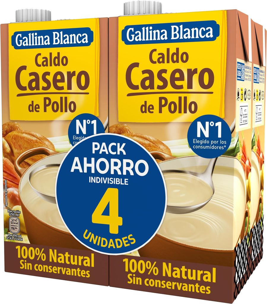 Imagen de: GALLINA BLANCA Caldo Casero de Pollo 100% Natural | Elaborado con Pollo Fresco y Verduras de la Huerta, Cocinado a Fuego Lento Durante 3h. Sin Gluten, Sin Conservantes, Bajo en Grasa - 4L