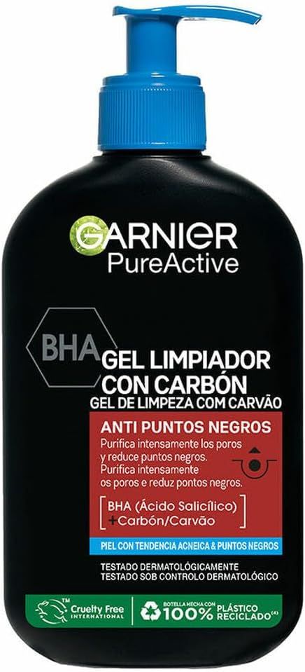 Imagen de: Garnier Skin Active, Pure Active Gel limpiador Anti Puntos Negros con Carbón y Ácido Salicílico purifica intensamente los poros y reduce puntos negros