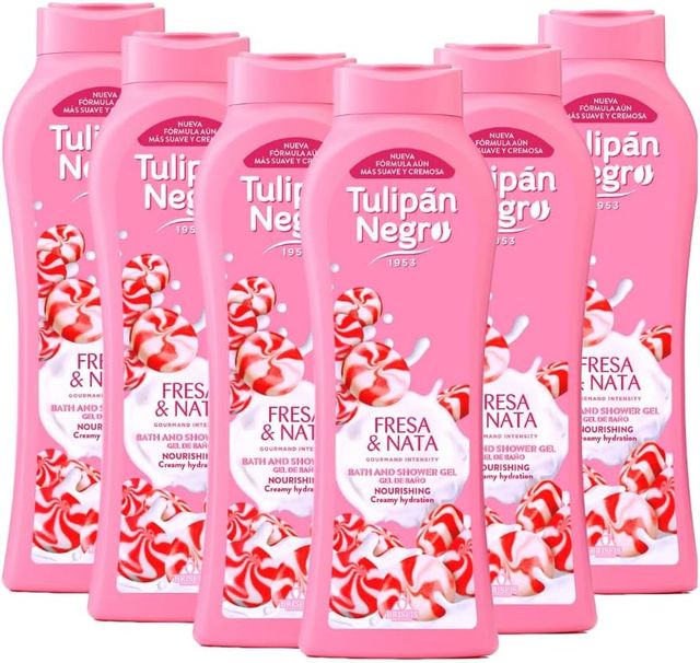 Imagen de la oferta: PACK 6 UDS. GEL DE BAÑO FRESA Y NATA 650ML, TULIPÁN NEGRO