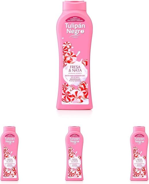 Imagen de la oferta: Tulipán Negro - Gel de Baño Nutritivo e Hidratante Fresa y Nata 650 ml, Irresistible Aroma (Paquete de 4)