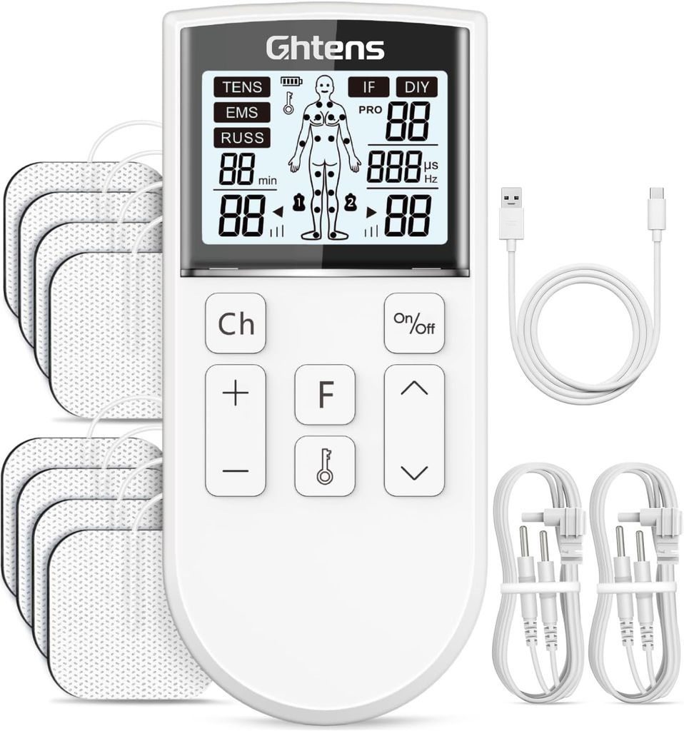 Imagen de: GHTENS 5 en 1 Electroestimulador Muscular Profesional, Recargable 80 Modos de Estimulación, Con Función TENS/EMS/RUSS/IF/DIY y Masaje, 2 Canales, 16 Intensidad, Para el Alivio del Dolor (Blanco)