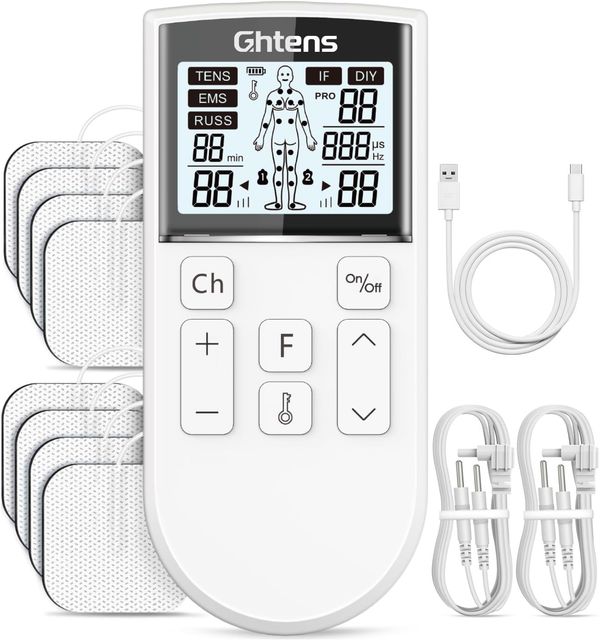 Imagen de la oferta: GHTENS 5 en 1 Electroestimulador Muscular‌ Profesional, Recargable 80 Modos de Estimulación, Con Función TENS/EMS/RUSS/IF/DIY y Masaje, 2 Canales, 16 Intensidad, Para el Alivio del Dolor (Blanco)