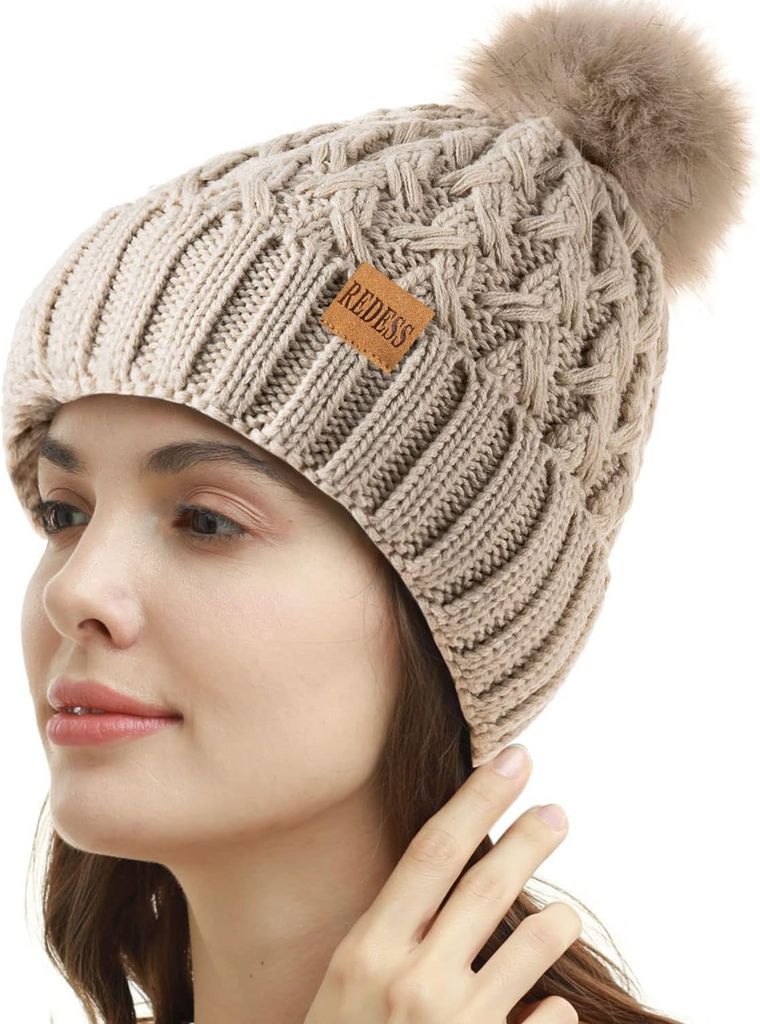 Imagen de: REDESS Gorro de invierno con pompón para mujer, con forro polar, cálido, grueso y holgado, tejido cruzado para mujer