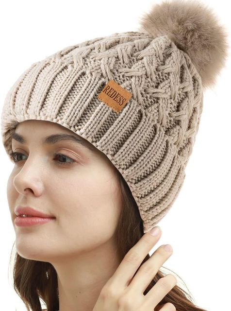 Imagen de la oferta: REDESS Gorro de invierno con pompón para mujer, con forro polar, cálido, grueso y holgado, tejido cruzado para mujer