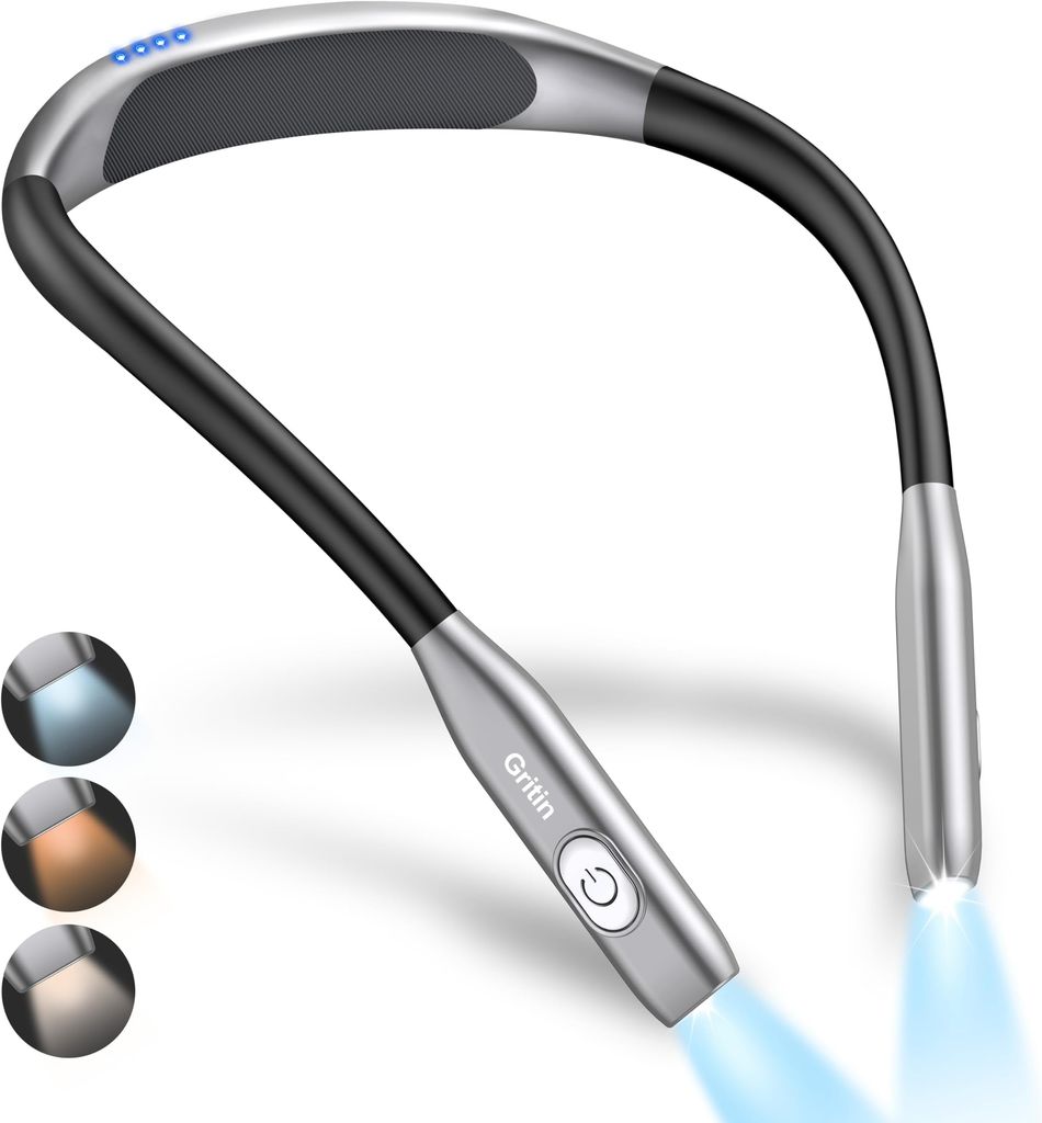Imagen de: Gritin Luz de Lectura Recargable, Lampara Cuello con 3 Colores Modos Protección Ocular y Atenuación Continua - Luz Lectura Libros de Cama de Diseño Ergonómico, Ideal para Tejer, Reparar, etc