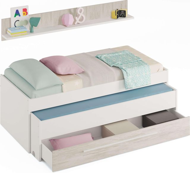 Imagen de la oferta: Habitdesign Cama Nido Juvenil, 2 Camas + Cajon + Estante, Cama Infantil, Acabado en Blanco Artik y Blanco Velho, Medidas: 199 cm (Largo) x 96 cm (Ancho) x 65 cm (Alto)
