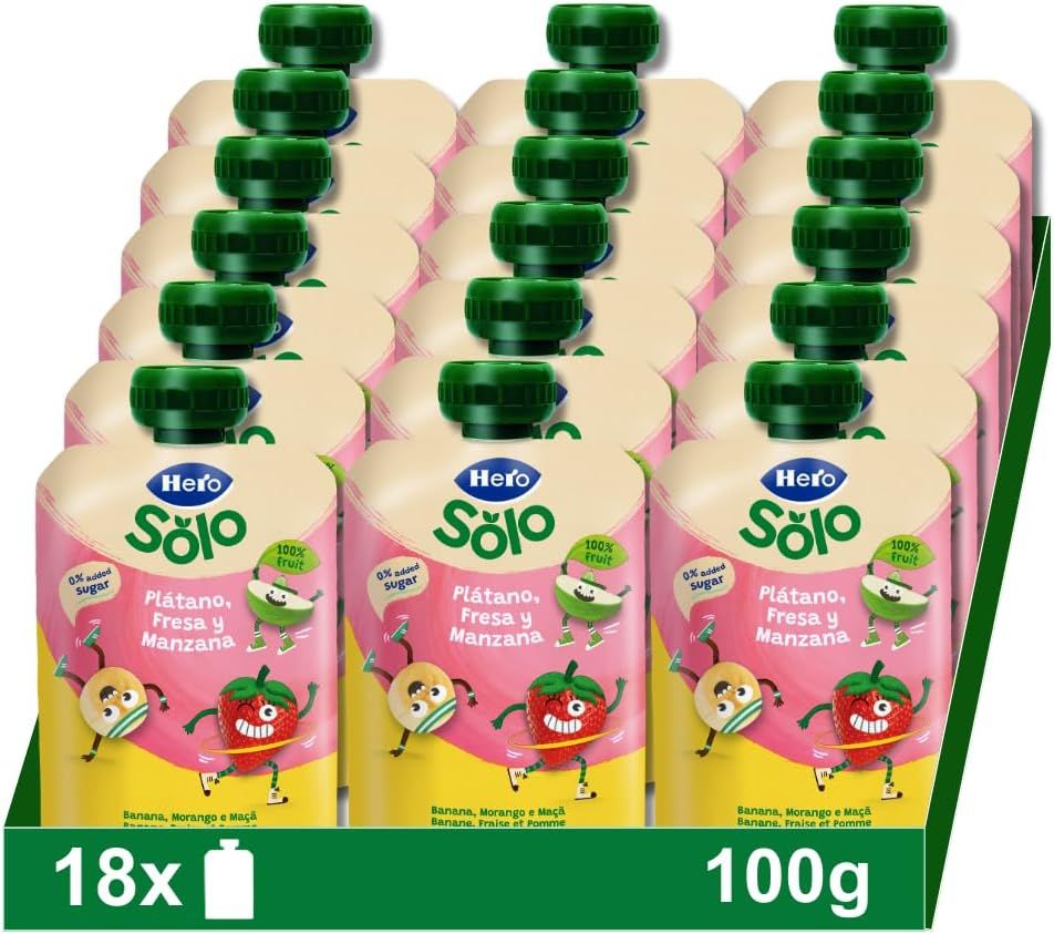 Imagen de: Hero - Bolsitas con Plátano, Fresa y Manzana, Para Bebés a Partir de los 12 Meses - Pack de 18 x 100 g, El embalaje puede variar