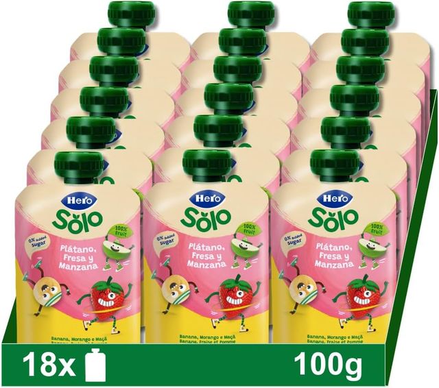 Imagen de la oferta: Hero - Bolsitas con Plátano, Fresa y Manzana, Para Bebés a Partir de los 12 Meses - Pack de 18 x 100 g, El embalaje puede variar