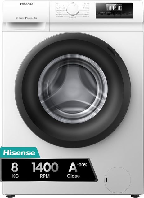 Imagen de la oferta: Hisense WF1Q8041BW2 - Lavadora, Clase A, 8 Kg, 1400 rpm, Alto 85 cm x Ancho 60 cm, Color Blanco, Función Vapor 99,9%, Lavado Rápido+, Lavado Automático, Finalización Diferida, Tecnología Inverter