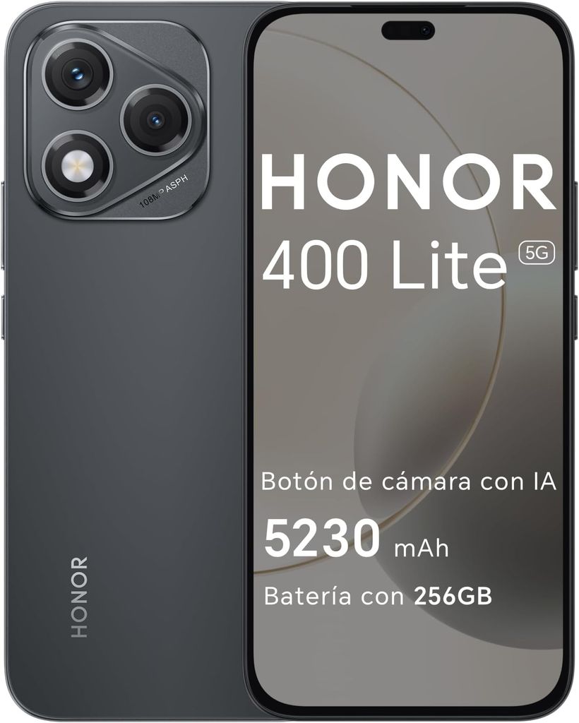 Imagen de: HONOR 400 Lite 5G - Smartphone de 8GB+256GB, Dual SIM NFC, 108MP con Botón con IA, 6.7'', Pantalla AMOLED con protección de la Vista, Batería de 5230mAh, IP65&SGS, MagicOS 9.0, Velvet Black