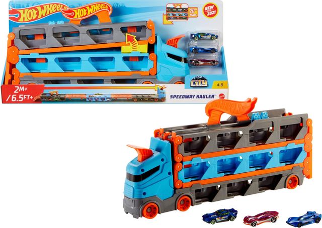 Imagen de la oferta: Hot Wheels City - Camión autopista, Pista de Coches de Juguete de 2 Metros con Lanzador, Incluye 3 vehículos (Mattel HGH33)