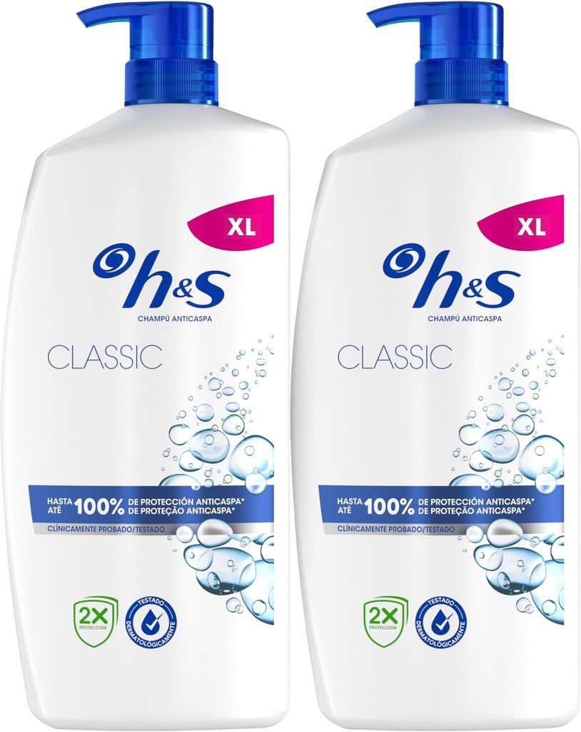 Imagen de: H&S Classic Champú Anticaspa 2X800ml Con Dispensador, Para Uso Diario. Hasta 100% De Protección Anticaspa, Clínicamente Probado. Para Todo Tipo De Pelo Y Cuero Cabelludo. Sensación De Frescor