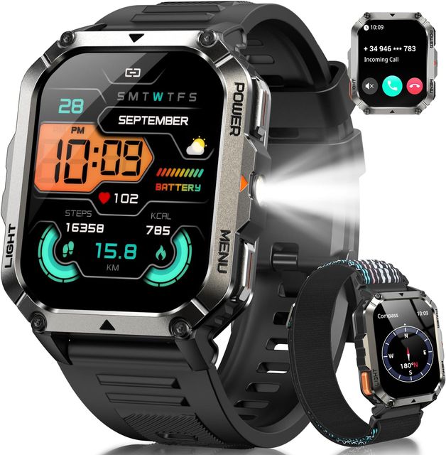 Imagen de la oferta: IOWODO Reloj Inteligente Hombre, 2.01" Militar Smartwatch con Llamadas Bluetooth, 20 Días Batería, Linterna LED, Brújula,123 Modos Deporte, 24h Pulsómetro/SpO2/Sueño, IP68, 2 Correas (iOS/Android)