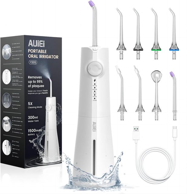 Imagen de la oferta: Irrigador Dental, Irrigador Bucal Portatil Inalámbrico Profesional 8 Boquillas 5 Modos, USB Recargable Para Limpieza de Dientes, IPX7 Impermeable 300ML, Para Hogar y Viajes (Blanco)