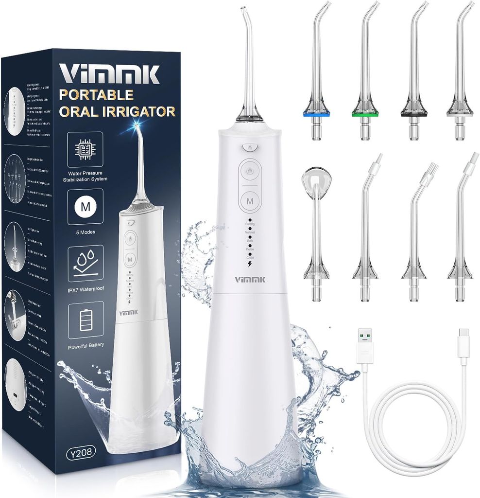 Imagen de: Irrigador Bucal Portatil, Vimmk Irrigador Dental Inalámbrico Profesional 8 Boquillas 5 Modos, IPX7 Impermeable 300ML USB-C Recargable Para Limpieza Dientes, Para el Hogar y los Viajes (Blanco)