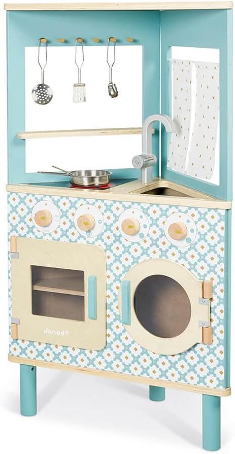 Imagen de: Janod - Cocina de Madera Trío - Compacta 3 Caras - Juguete Imitación Cocina y Vajilla - Estilo Retro - 5 Utensilios de Metal - Pintura al Agua - A partir de 3 Años, J06546