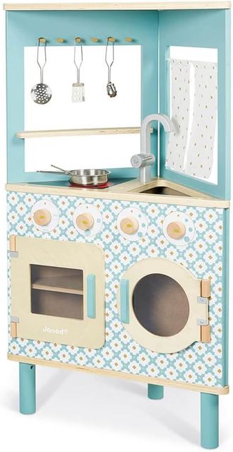 Imagen de la oferta: Janod - Cocina de Madera Trío - Compacta 3 Caras - Juguete Imitación Cocina y Vajilla - Estilo Retro - 5 Utensilios de Metal - Pintura al Agua - A partir de 3 Años, J06546