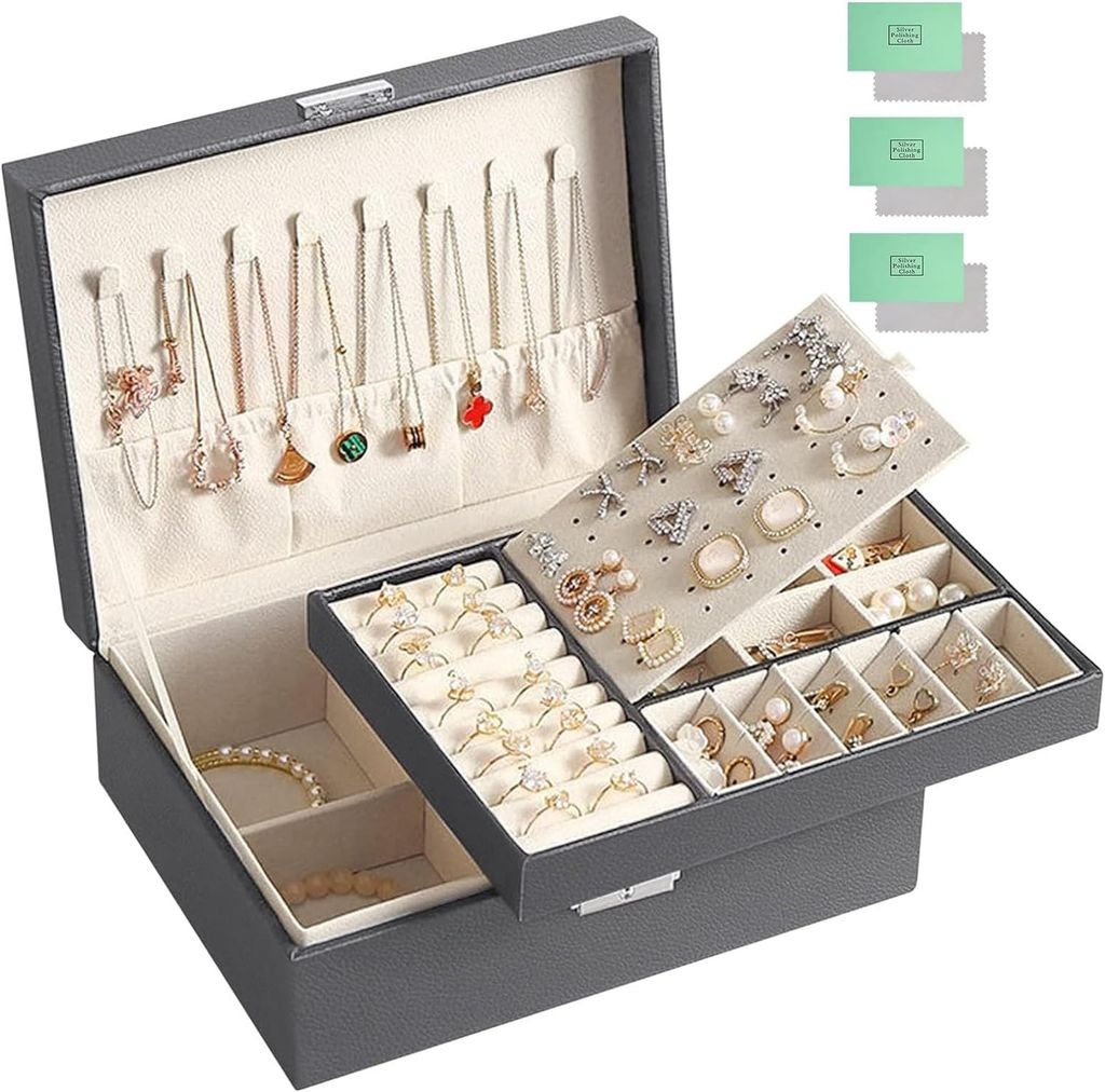 Imagen de: JOTOL Caja Joyero,Joyeros Mujer Organizador,Organizador de joyas,2 Niveles Organizador de Joyería con Cerradura para Mujeres Niñas,para Guardar Joyas Pendientes Anillos y Collares (Gris)