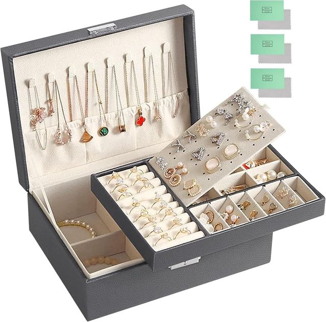 Imagen de la oferta: JOTOL Caja Joyero,Joyeros Mujer Organizador,Organizador de joyas,2 Niveles Organizador de Joyería con Cerradura para Mujeres Niñas,para Guardar Joyas Pendientes Anillos y Collares (Gris)