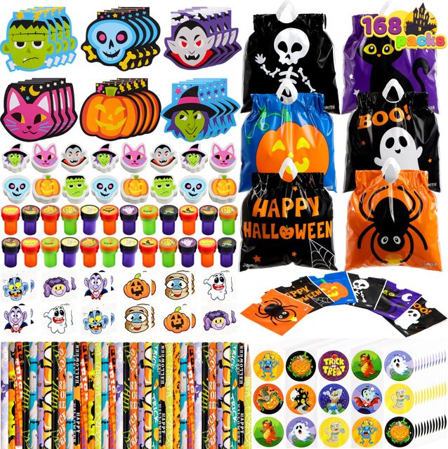 Imagen de la oferta: JOYIN 168 Pcs 24 Paquetes Set de Papelería Manualidades y Arte de Halloween, Regalo de Truco o Trato para Niños, Bolsa, Blocs de Botas, Sellos, Lápices, Pegatinas y Tatuajes Temporales