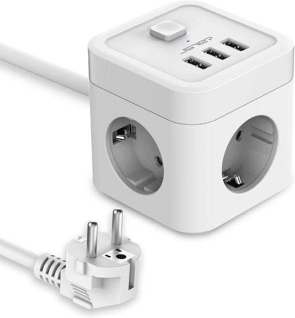 Imagen de la oferta: JSVER Cube Enchufe USB con 3 Puertos de USB y 3 Tomas 3680W 16A Regleta Enchufe Alargador Multiple Carga para Samsung iPad iPhone Tablets - Cable 1,5 m Blanco