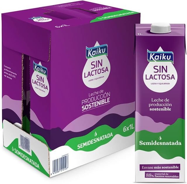 Imagen de la oferta: Kaiku Sin Lactosa - Leche Sin Lactosa, Semidesnatada UTH, de Producción Sostenible, con Vitaminas A, D y E, con Ácido Fólico - Pack 6 x 1 L