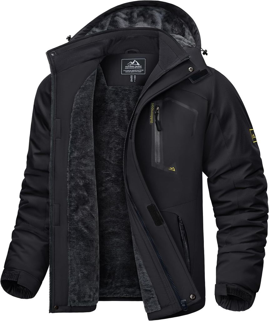 Imagen de: KEFITEVD Hombre Impermeables Lana Chaquetas Impermeables Esquí Cálidos Invierno Abrigos Térmicos Exteriores Abrigos con Capucha Desmontable