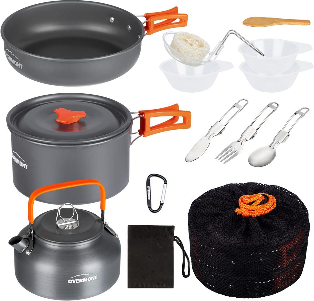 Imagen de: OVERMONT 14Pcs Kit de Utensilios Cocina Camping Olla Sartén Tetera Vajilla para Acampada Senderismo Excursión al Aire Llibre de Aluminio