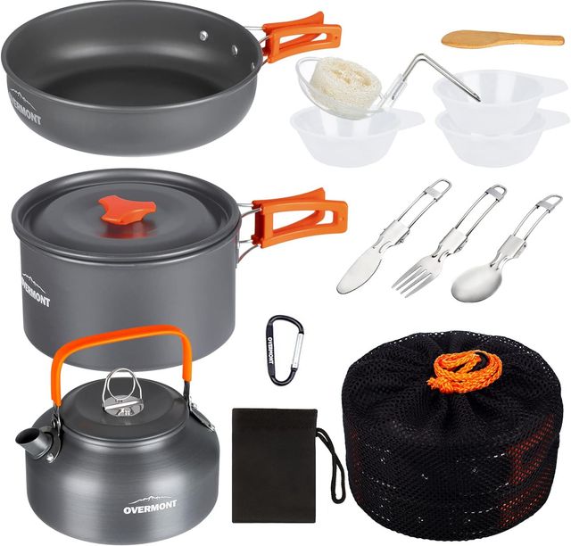Imagen de la oferta: OVERMONT 14Pcs Kit de Utensilios Cocina Camping Olla Sartén Tetera Vajilla para Acampada Senderismo Excursión al Aire Llibre de Aluminio