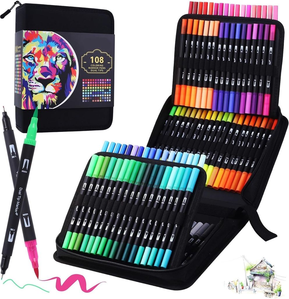 Imagen de: LENTPER Rotuladores Lettering 108 Colores, Punta Pincel, Doble Punta Fina, Kit para Niños y Adultos, Mandalas, Graffiti, Caligrafía, Dibujar, Acuarelables Profesionales