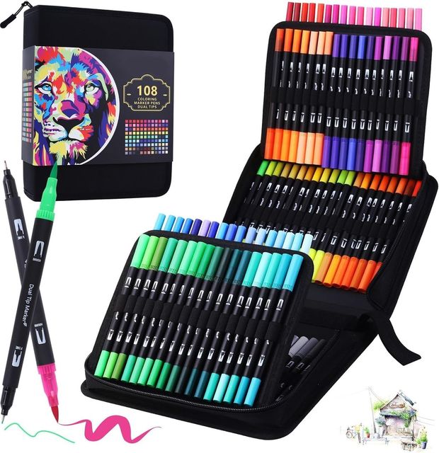 Imagen de la oferta: LENTPER Rotuladores Lettering 108 Colores, Punta Pincel, Doble Punta Fina, Kit para Niños y Adultos, Mandalas, Graffiti, Caligrafía, Dibujar, Acuarelables Profesionales