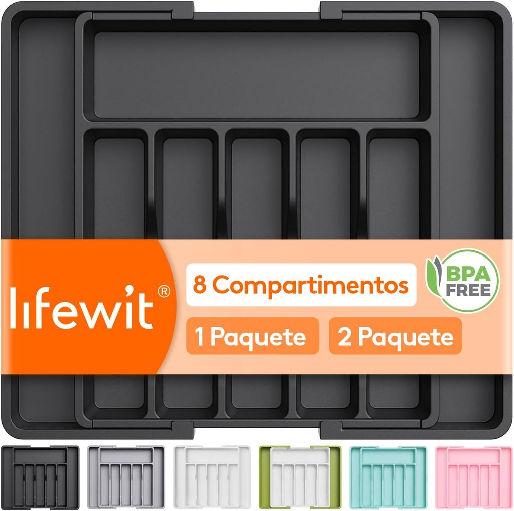 Imagen de: Lifewit Organizador de Cubiertos, Bandeja para Cubiertos Extensible, Cubertero para Cajón para Menaje, Organizador de Cubertería Ajustable y Compacto para Cucharas Tenedores Cuchillos, Grande, Negro