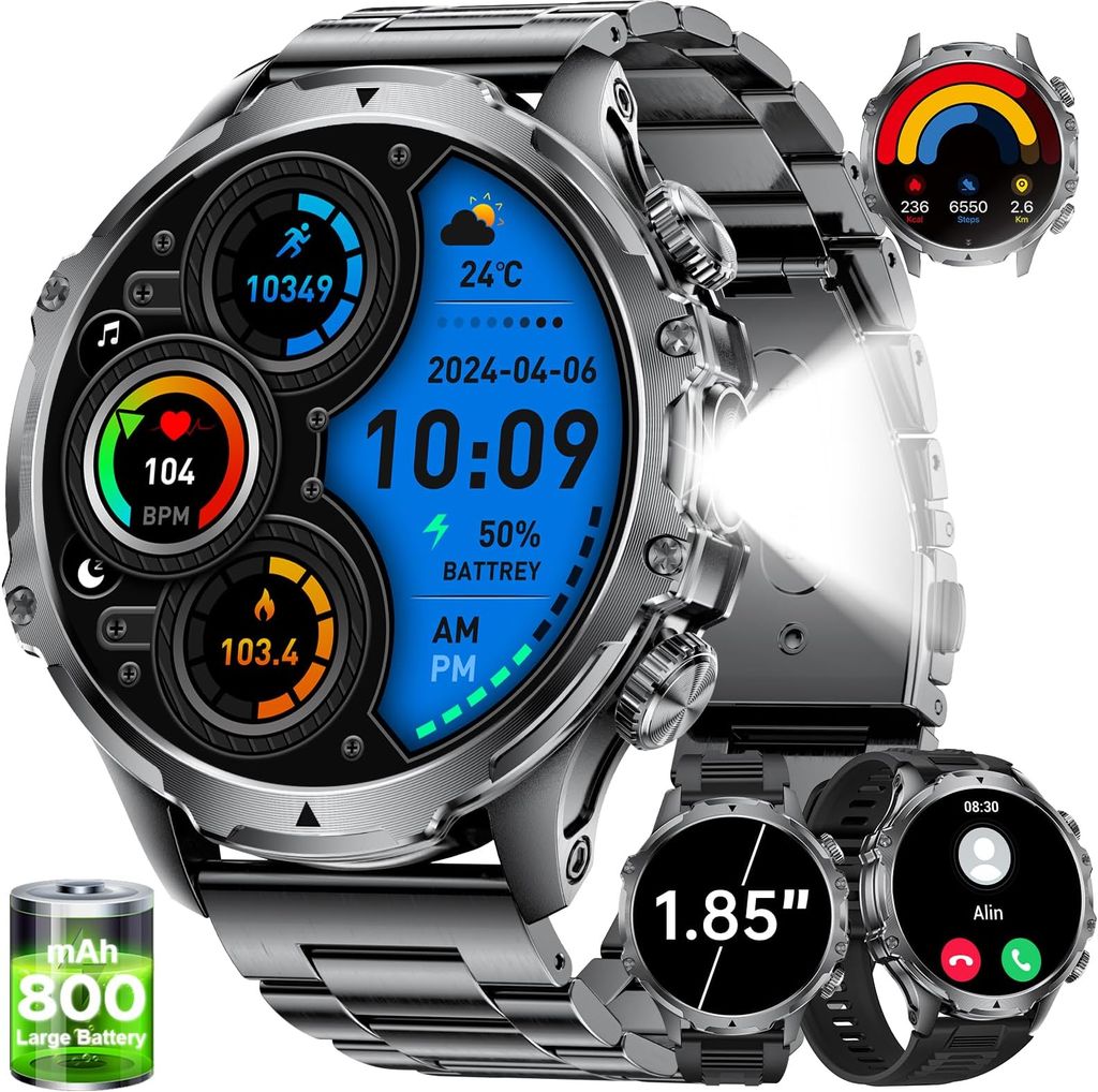 Imagen de: LIGE 1.85" Reloj Inteligente Hombre con LED Linterna,800mAh,IP68 Impermeable,Frecuencia Cardíaca, SpO2, Monitor de Sueño,Más de 30 días en Espera,Llamadas Bluetooth Smartwatch para Android iOS
