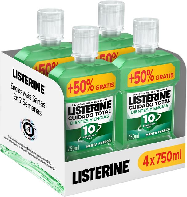 Imagen de la oferta: Listerine Protección Dientes y Encías, pack de 4 x 750 ml, enjuague bucal con flúor, colutorio bucal con 24 horas de protección, elixir bucal para un aliento fresco duradero
