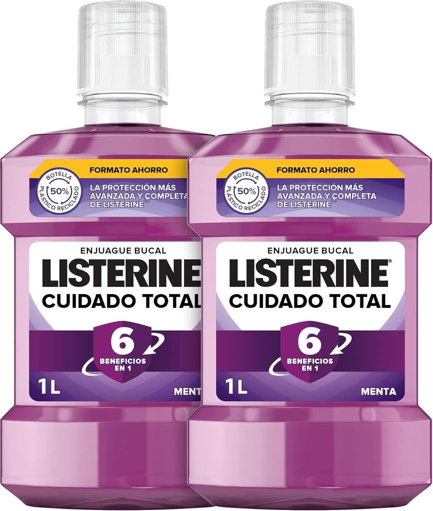Imagen de: Listerine Cuidado Total (pack de 2 x 1 L), enjuague bucal con flúor, colutorio bucal con 6 beneficios en 1, elixir bucal para una limpieza bucal completa (El embalaje puede variar)